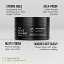 SHARK MOLD men's hair styling clay jar on a white neutral background with four benefit cues which are strong hold, matte finish, hold through heat and humidity