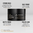 SHARK MOLD men's hair styling clay jar on a white neutral background with four benefit cues which are strong hold, matte finish, hold through heat and humidity and fuller look
