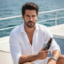 A good looking model wearing a white shirt on a luxury yacht holding SHARK SURF sea salt spray bottle